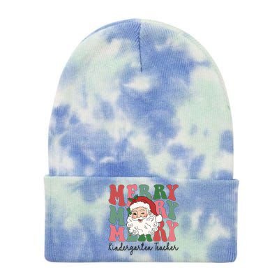 Merry Kindergarten Teacher Retro Groovy Santa Face Christmas Funny Gift Tie Dye 12in Knit Beanie