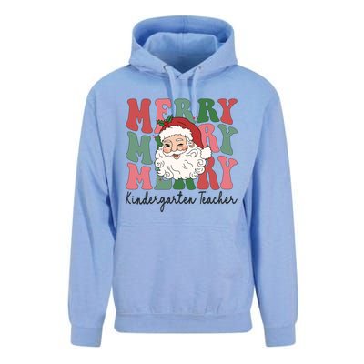 Merry Kindergarten Teacher Retro Groovy Santa Face Christmas Funny Gift Unisex Surf Hoodie