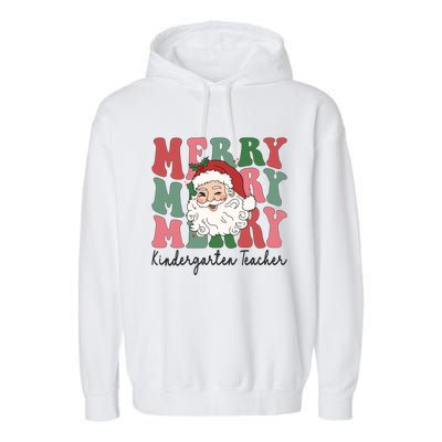 Merry Kindergarten Teacher Retro Groovy Santa Face Christmas Funny Gift Garment-Dyed Fleece Hoodie