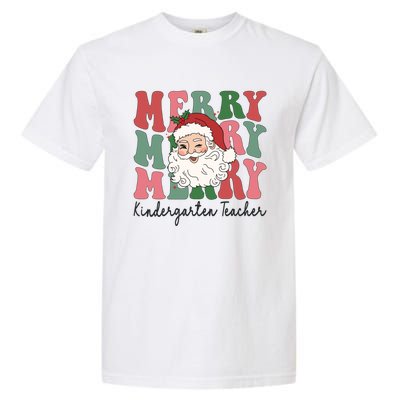 Merry Kindergarten Teacher Retro Groovy Santa Face Christmas Funny Gift Garment-Dyed Heavyweight T-Shirt