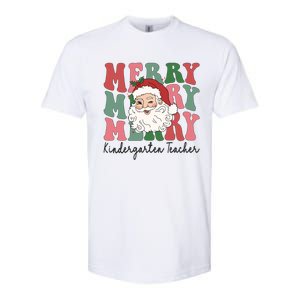 Merry Kindergarten Teacher Retro Groovy Santa Face Christmas Funny Gift Softstyle CVC T-Shirt