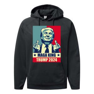 Maga King Trump 2024 Usa Trump Flipping Off American Flag Performance Fleece Hoodie