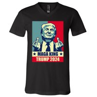 Maga King Trump 2024 Usa Trump Flipping Off American Flag V-Neck T-Shirt