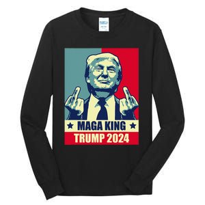 Maga King Trump 2024 Usa Trump Flipping Off American Flag Tall Long Sleeve T-Shirt