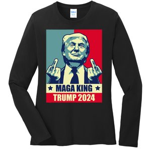 Maga King Trump 2024 Usa Trump Flipping Off American Flag Ladies Long Sleeve Shirt