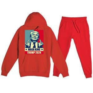 Maga King Trump 2024 Usa Trump Flipping Off American Flag Premium Hooded Sweatsuit Set