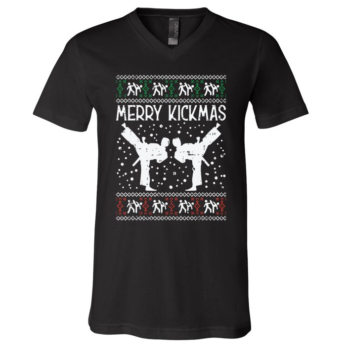 Merry Kickmas Ugly Christmas Karate Jiu Jitsu Martial Gift V-Neck T-Shirt