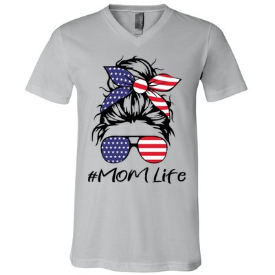 Mom Life 4th Of July Gifts For Mommy Wife Womens 4th Of July Mom Life Messy Bun V-Neck T-Shirt