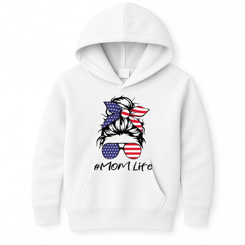 Mom Life 4th Of July Gifts For Mommy Wife Womens 4th Of July Mom Life Messy Bun Kids Hoodie