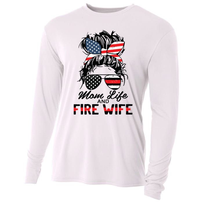 Mom Life And Fire Wife Firefighter American Flag 4th Of July Cooling Performance Long Sleeve Crew