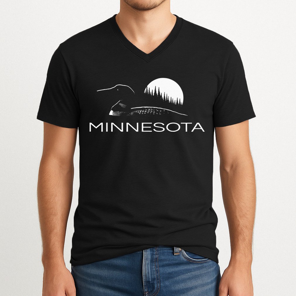 Minnesota Loon And Trees In Moonlight V-Neck T-Shirt