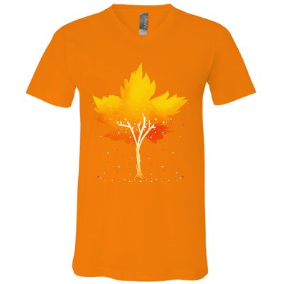 Maple Leaf Autumn Tree Orange Fall Leaves Season V-Neck T-Shirt