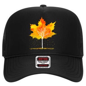 Maple Leaf Autumn Tree Orange Fall Leaves Season High Crown Mesh Back Trucker Hat