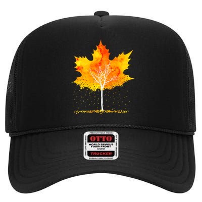 Maple Leaf Autumn Tree Orange Fall Leaves Season High Crown Mesh Back Trucker Hat