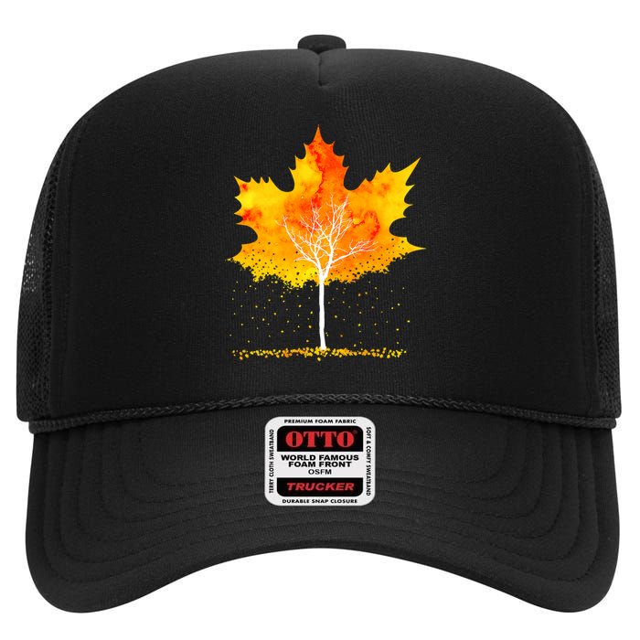 Maple Leaf Autumn Tree Orange Fall Leaves Season High Crown Mesh Back Trucker Hat