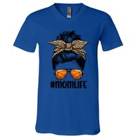 Mom Life Basketball Mom Gift Leopard Messy Bun Game Day Funny Gift V-Neck T-Shirt