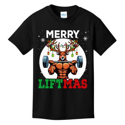 Merry Liftmas Christmas Reindeer Weightlifting Gym Workout  Kids T-Shirt