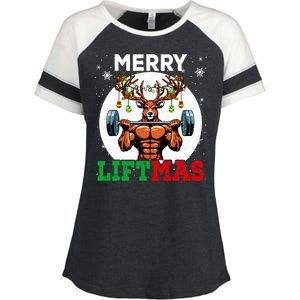 Merry Liftmas Christmas Reindeer Weightlifting Gym Workout  Enza Ladies Jersey Colorblock Tee