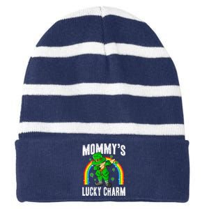 Mommy's Lucky Charm St Patricks Day Leprechaun Striped Beanie with Solid Band