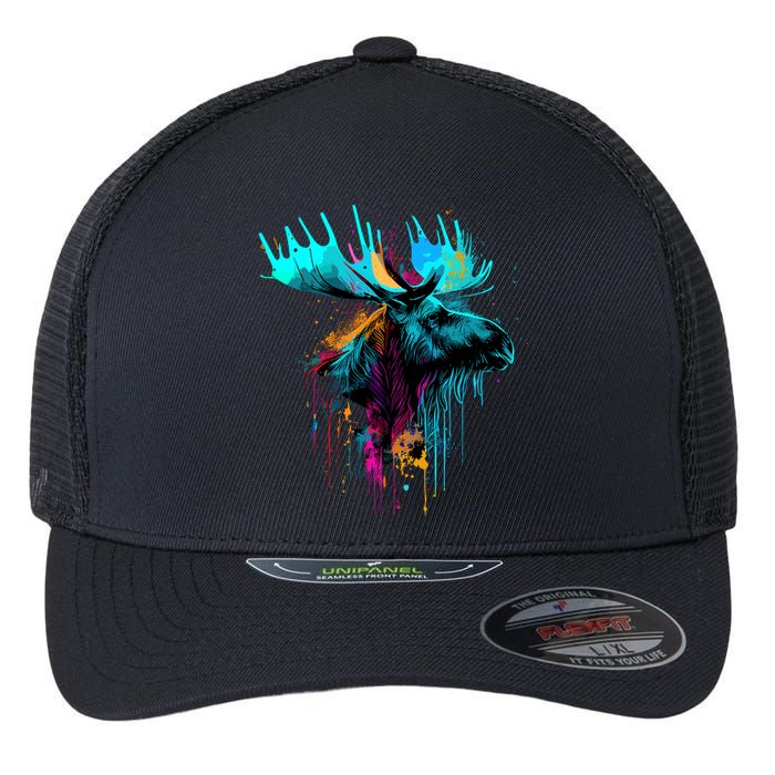 Moose Lovers Colorful Pop Art Beautiful Moose Flexfit Unipanel Trucker Cap