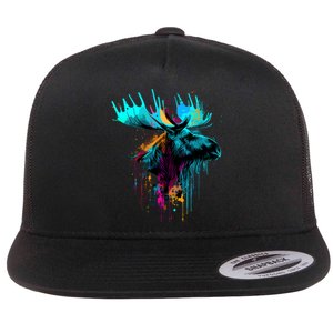 Moose Lovers Colorful Pop Art Beautiful Moose Flat Bill Trucker Hat