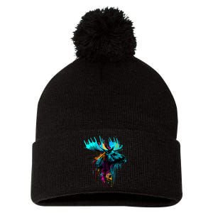 Moose Lovers Colorful Pop Art Beautiful Moose Pom Pom 12in Knit Beanie