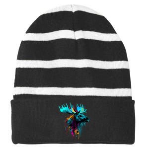 Moose Lovers Colorful Pop Art Beautiful Moose Striped Beanie with Solid Band