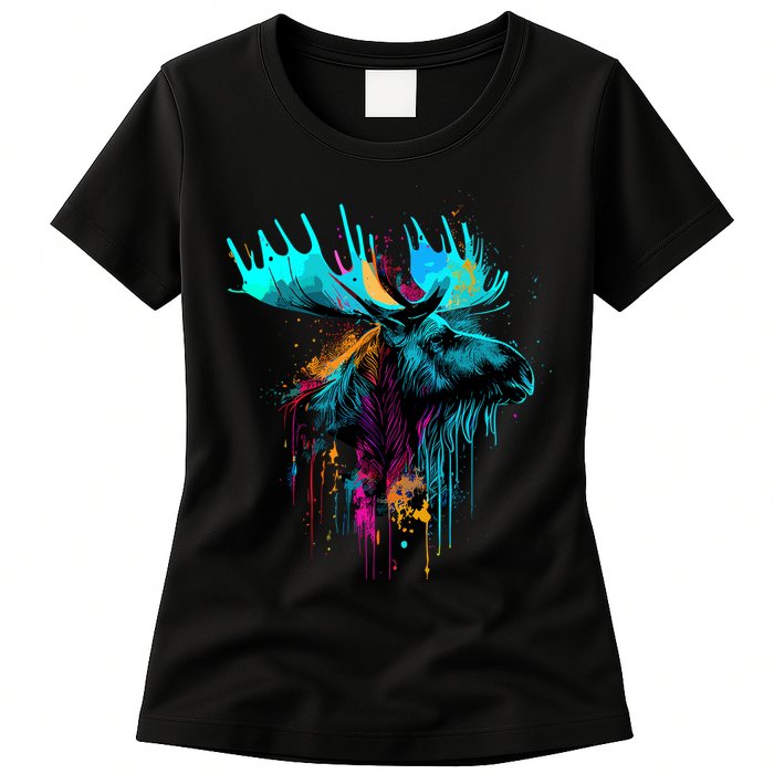 Moose Lovers Colorful Pop Art Beautiful Moose Womens T-Shirt
