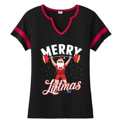 Merry Liftmas Cool Santa Claus Lifting Gym Gift Ladies Halftime Notch Neck Tee