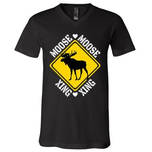 Moose Lovers Crossing Sign V-Neck T-Shirt