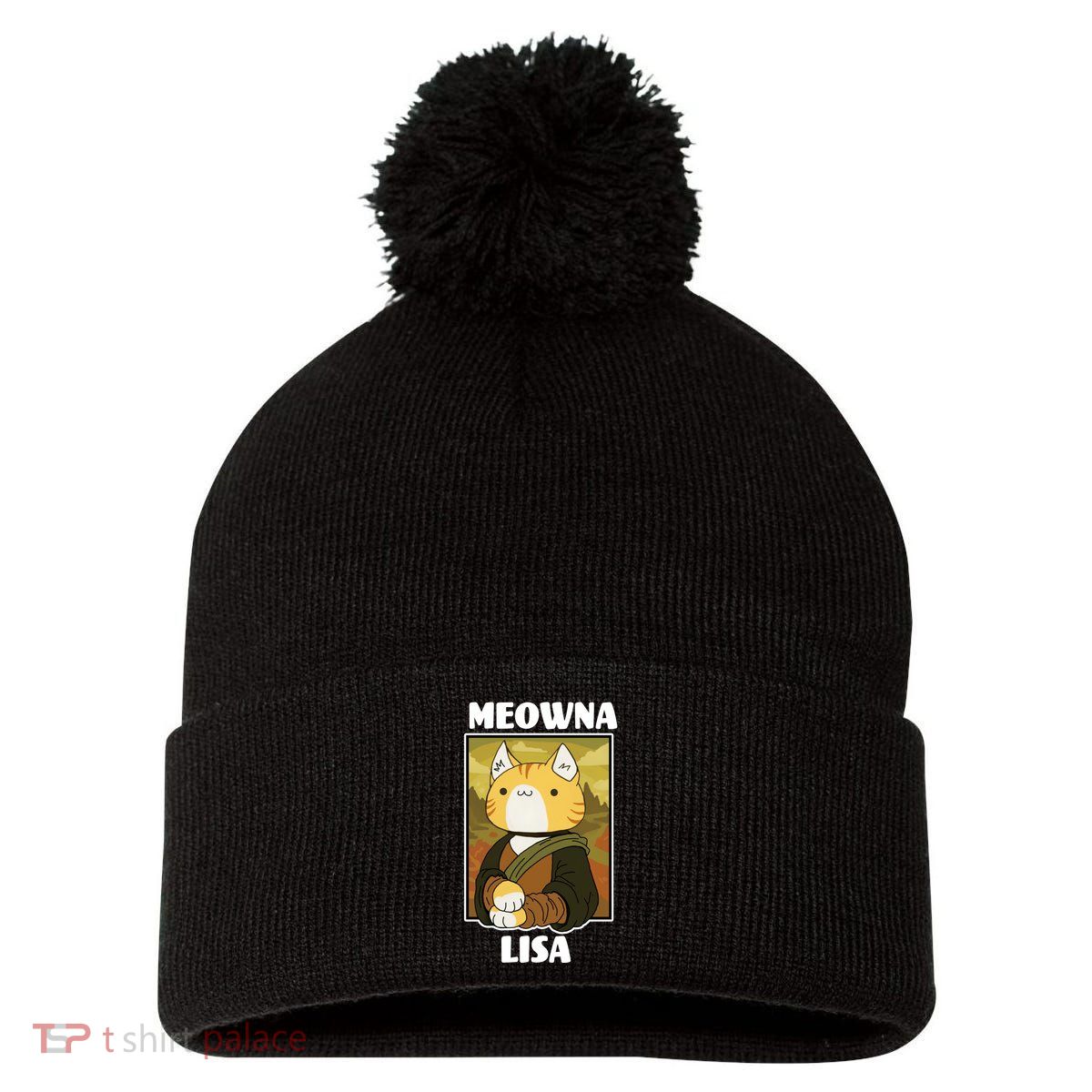 Meowna Lisa Cat Portrait Pom Pom 12in Knit Beanie
