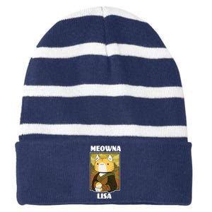 Meowna Lisa Cat Portrait Striped Beanie with Solid Band