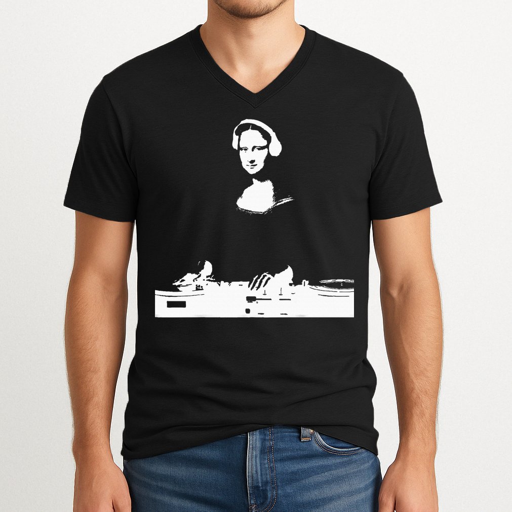 Mona Lisa Dj Art Funny Edm Techno Rave Music V-Neck T-Shirt