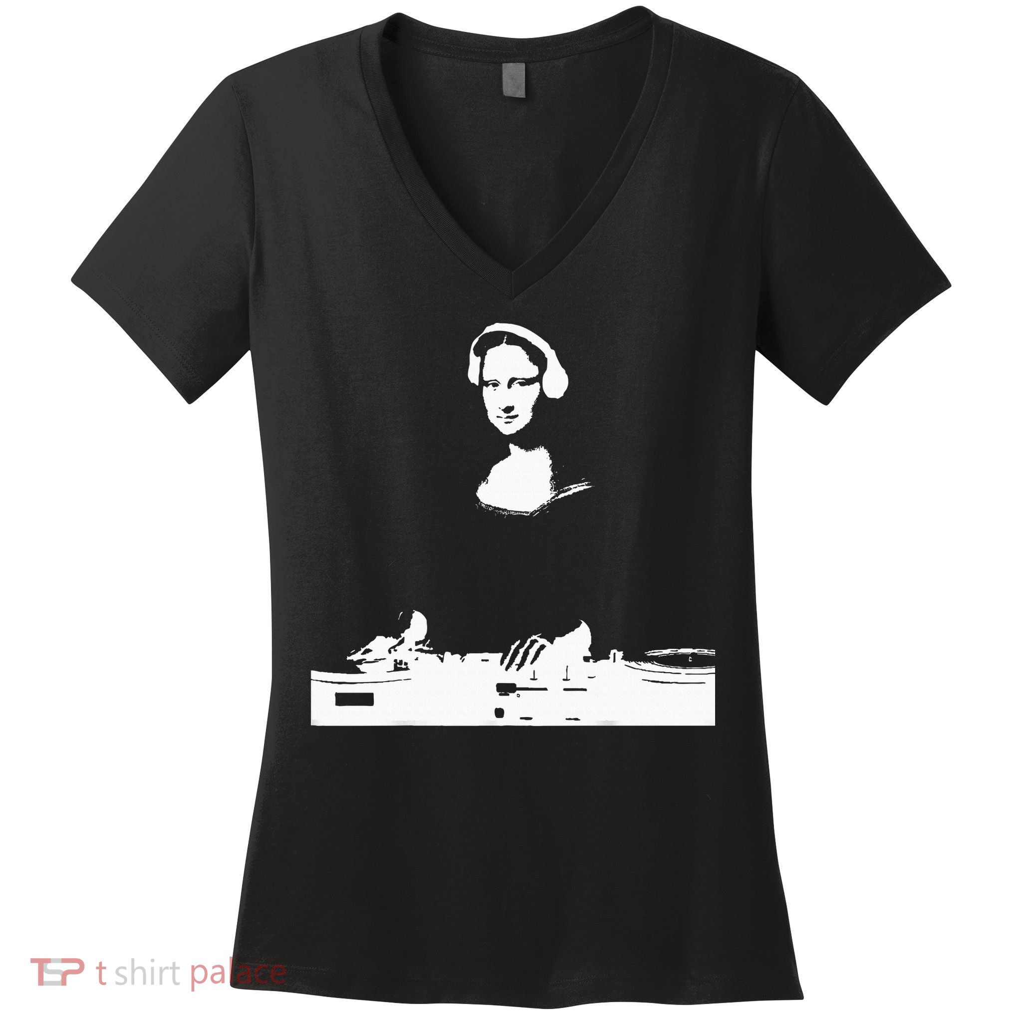 Mona Lisa Dj Art Funny Edm Techno Rave Music Women's V-Neck T-Shirt