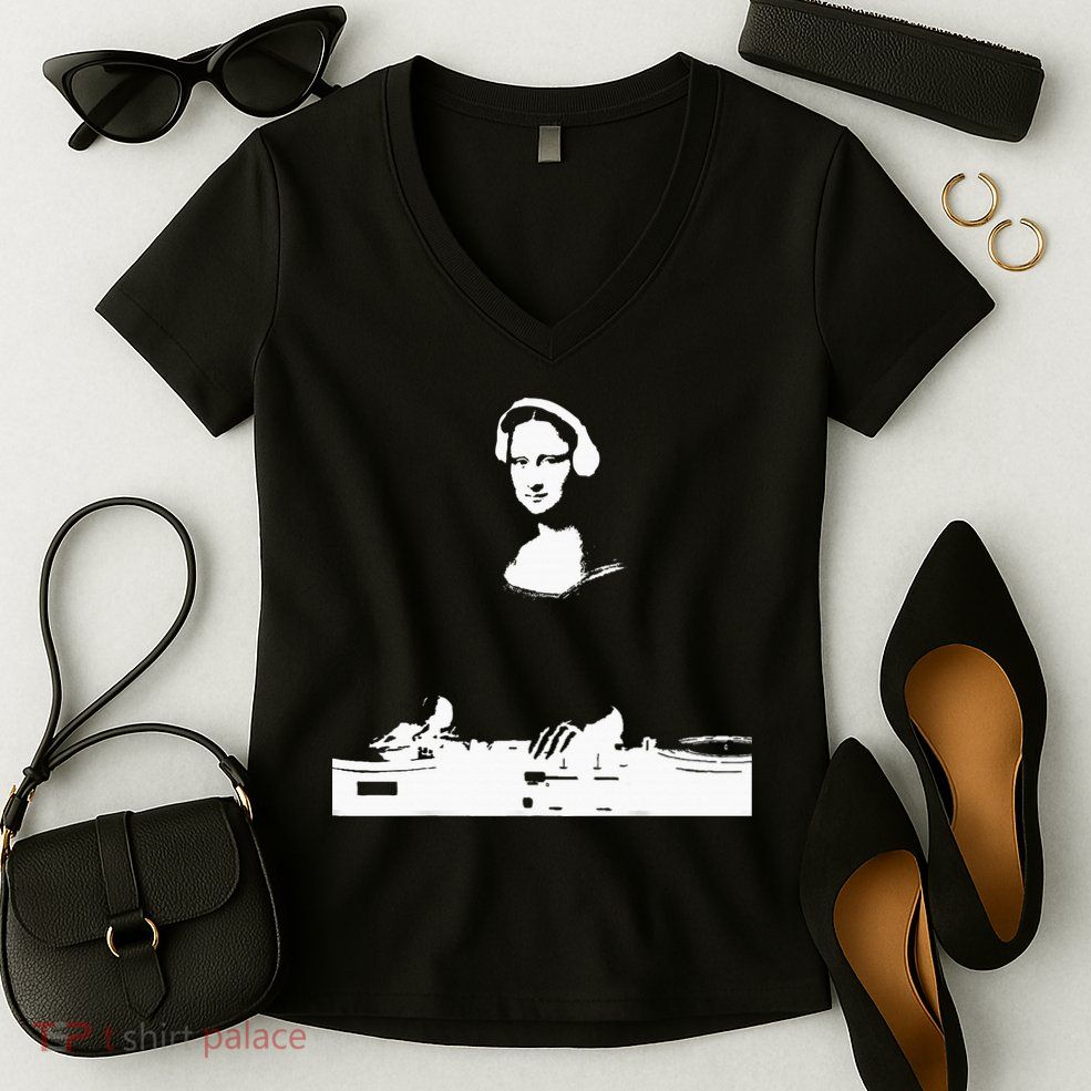Mona Lisa Dj Art Funny Edm Techno Rave Music Women's V-Neck T-Shirt