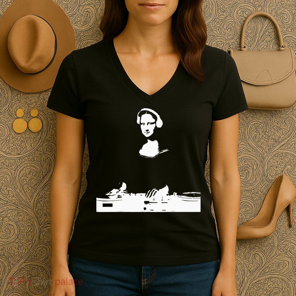 Mona Lisa Dj Art Funny Edm Techno Rave Music Women's V-Neck T-Shirt