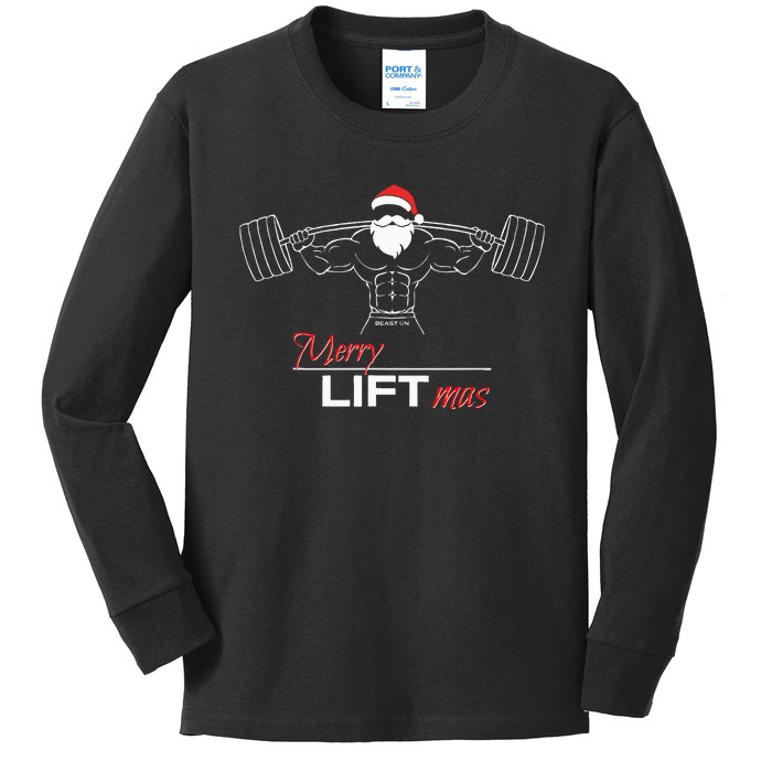 Merry Liftmas Funny Christmas Gym Workout Fitness Kids Long Sleeve Shirt