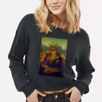 Meowing Lisa Funny Cat Cat Art Cat Lover Cat Owner Cropped Pullover Crew