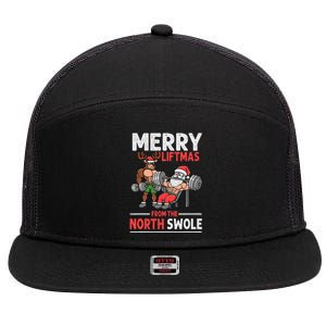 Merry Liftmas from North Swole Muscle Santa Weightlifting  7 Panel Mesh Trucker Snapback Hat