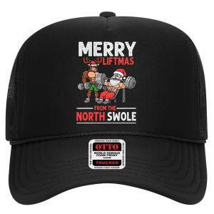 Merry Liftmas from North Swole Muscle Santa Weightlifting  High Crown Mesh Back Trucker Hat