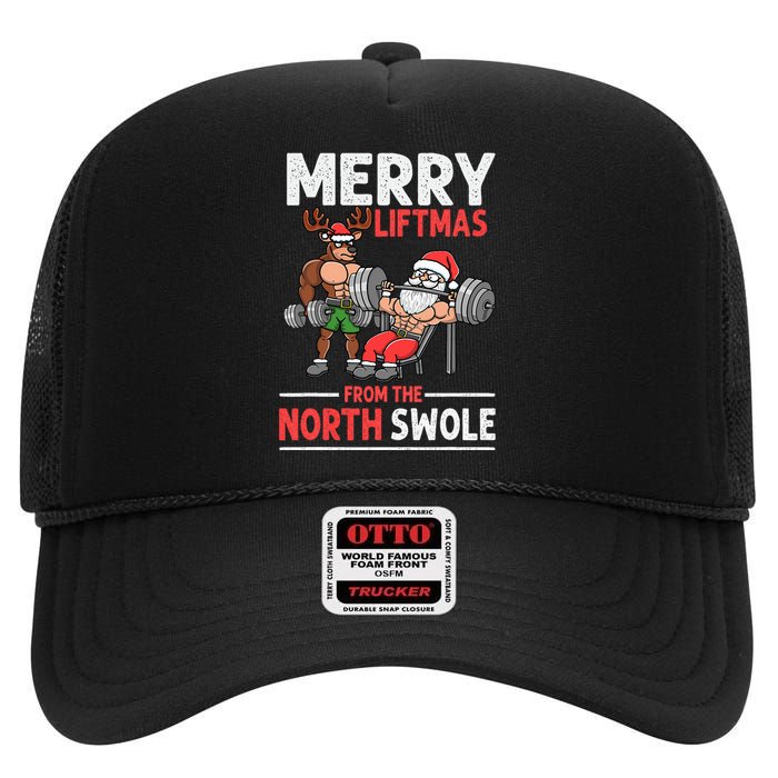 Merry Liftmas from North Swole Muscle Santa Weightlifting  High Crown Mesh Back Trucker Hat