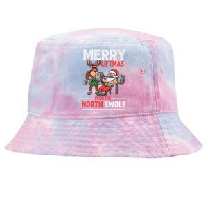 Merry Liftmas from North Swole Muscle Santa Weightlifting  Tie-Dyed Bucket Hat