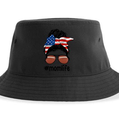 Mom Life Football Mom American Flag Messy Bun Gift Sustainable Bucket Hat