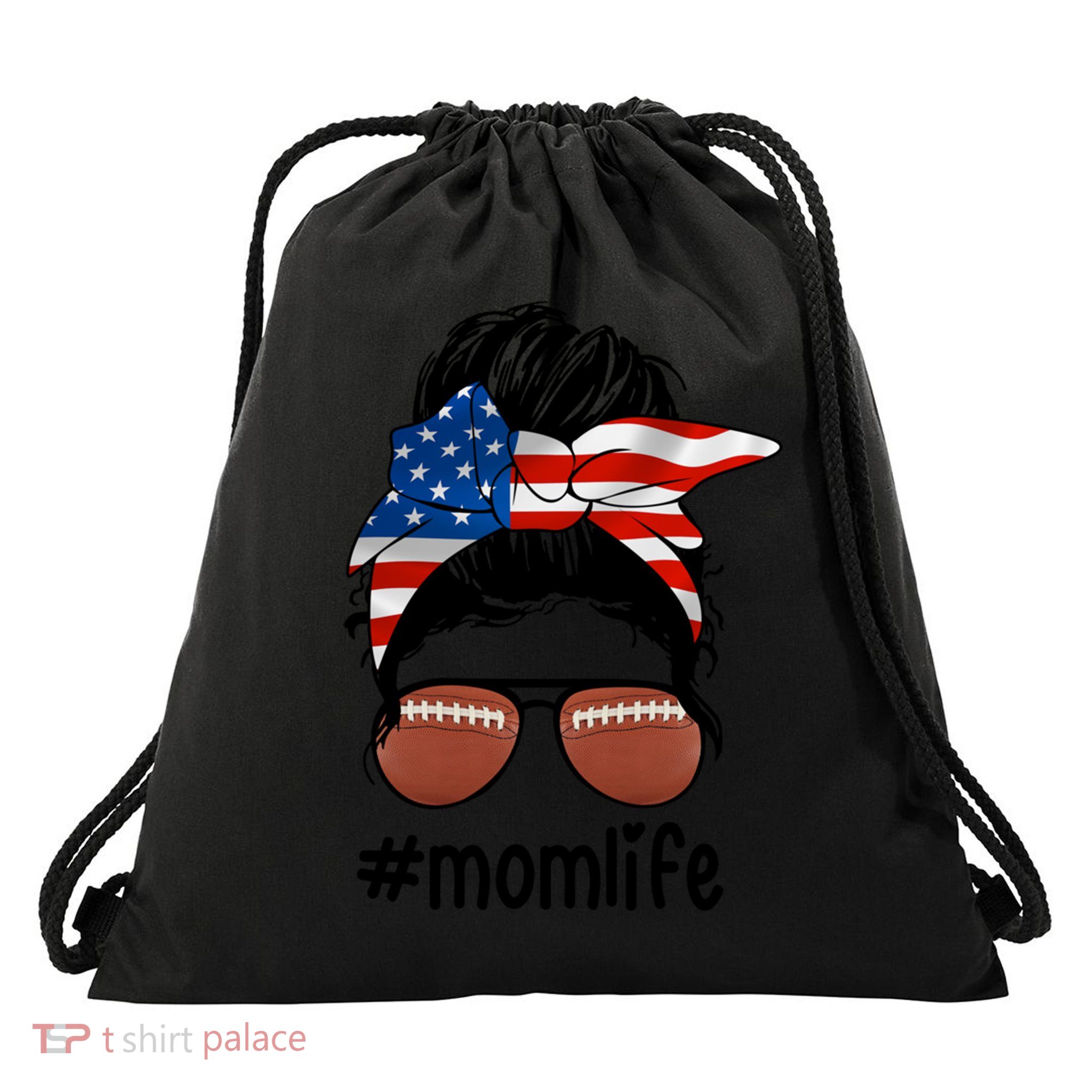 Mom Life Football Mom American Flag Messy Bun Gift Drawstring Bag