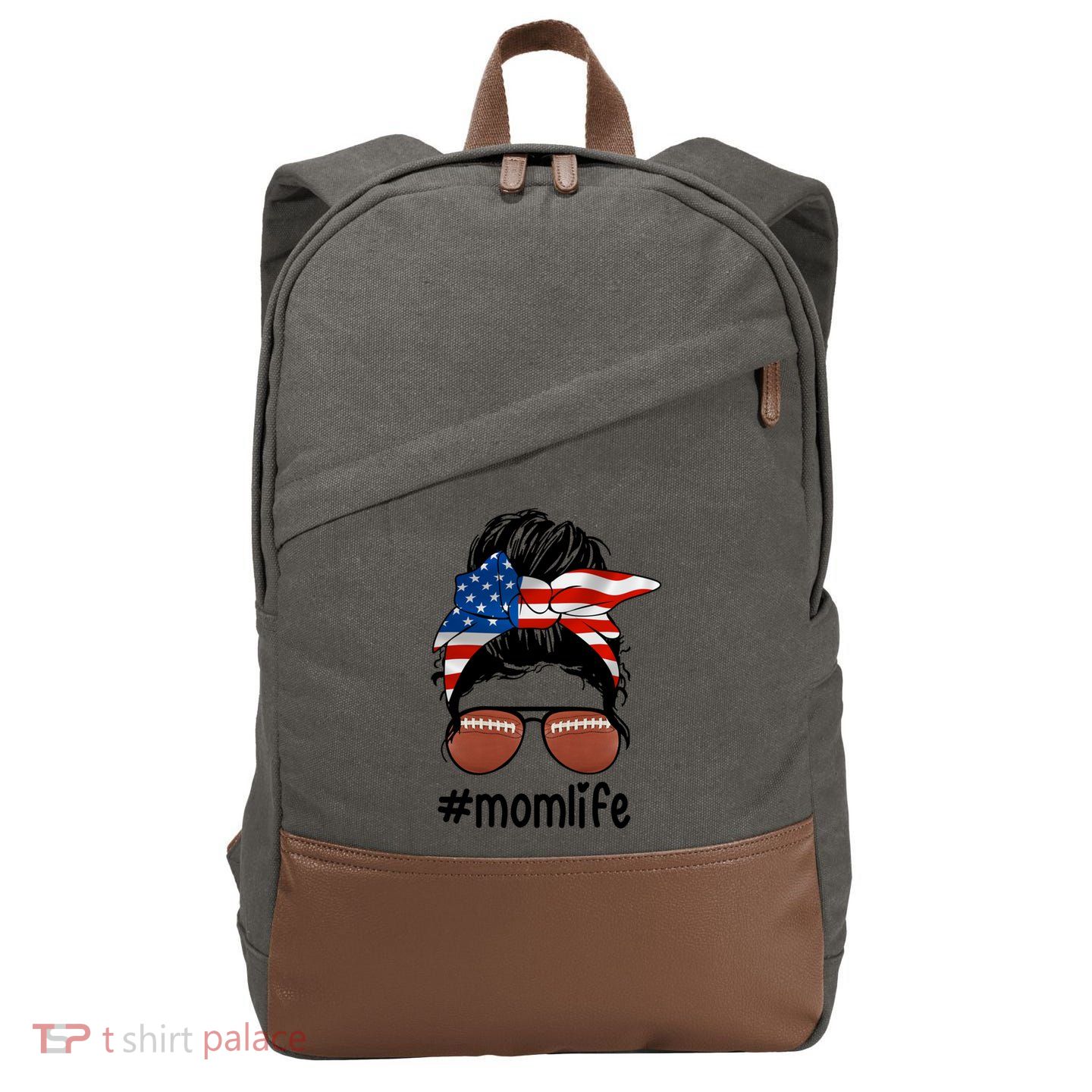 Mom Life Football Mom American Flag Messy Bun Gift Cotton Canvas Backpack