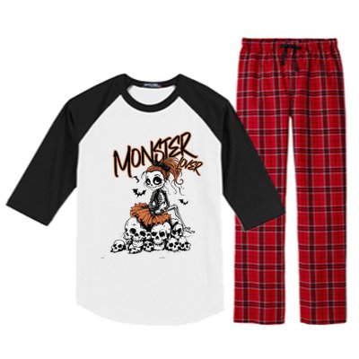 Monster Lover Fun Skeleton Ghoul Cute Vintage Halloween Raglan Sleeve Pajama Set