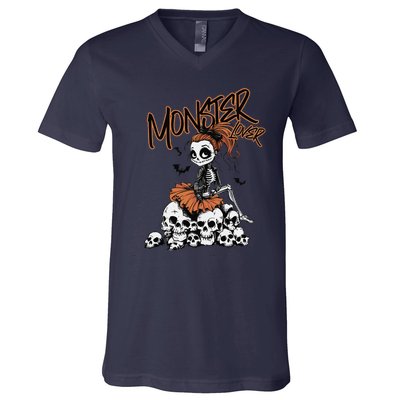 Monster Lover Fun Skeleton Ghoul Cute Vintage Halloween V-Neck T-Shirt