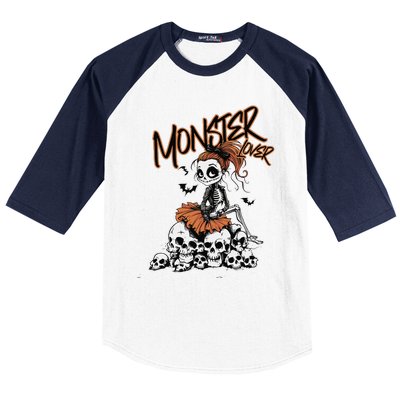 Monster Lover Fun Skeleton Ghoul Cute Vintage Halloween Baseball Sleeve Shirt