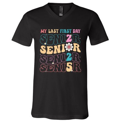 My Last First Day Senior 2025 Back To School Class Groovy V-Neck T-Shirt