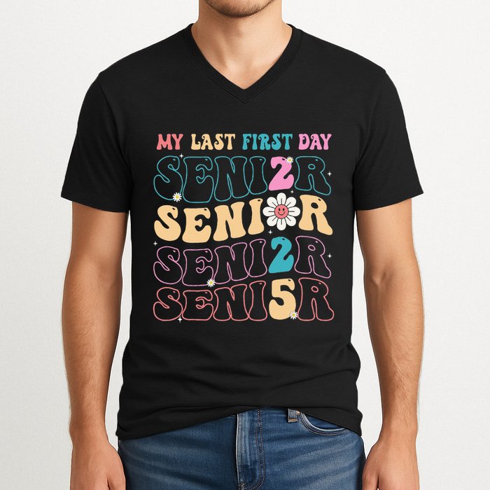My Last First Day Senior 2025 Back To School Class Groovy V-Neck T-Shirt